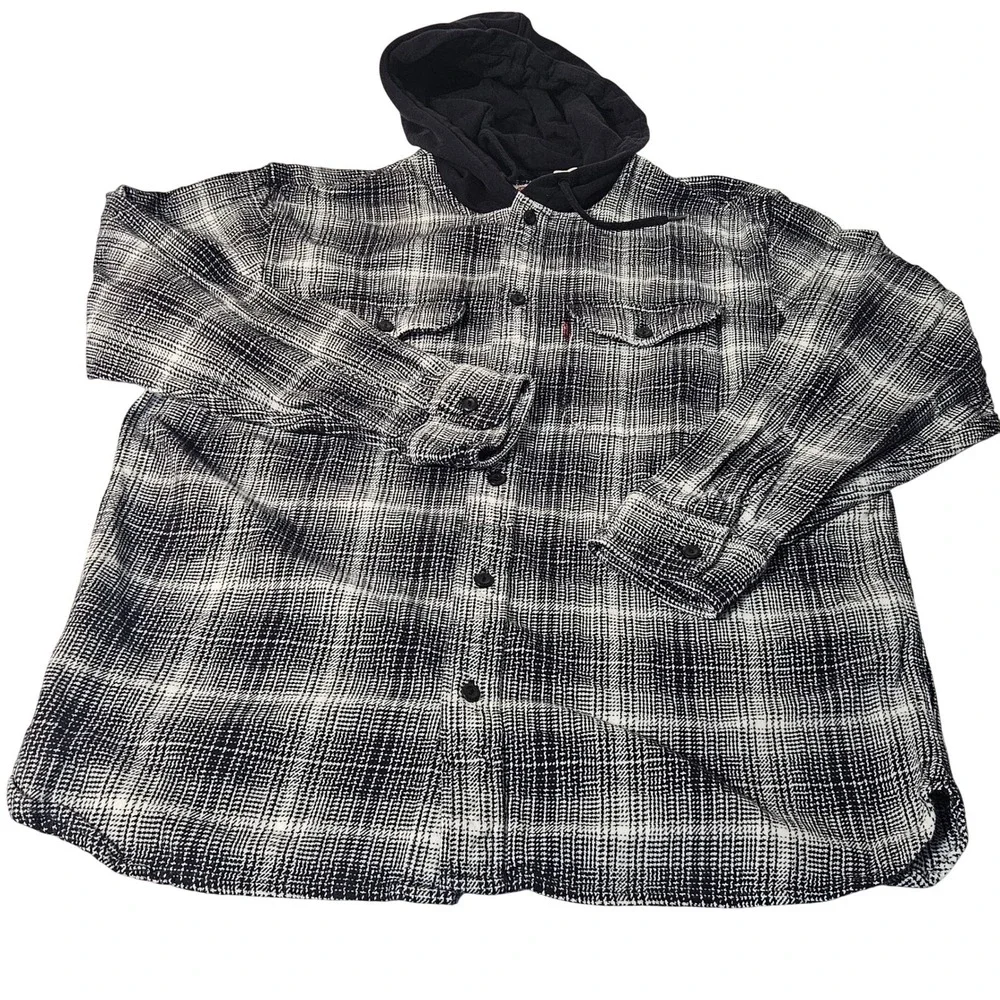 Levis Mens Plaid Flannel‎ Button Up Shirt Hoodie Relaxed Fit Size L